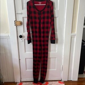 “…in our christmas jammies”🎶 Red and Black Plaid Onesie Pajamas